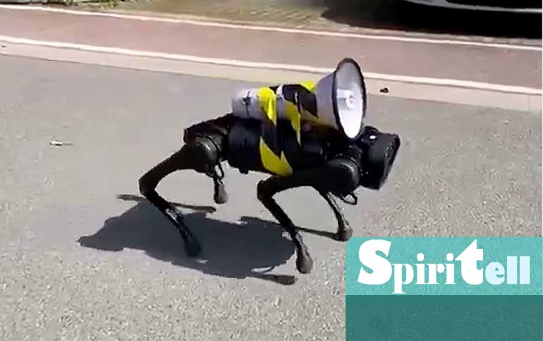 Куче робот носещо високоговорител разпространява мерки за безопасност при пандемия